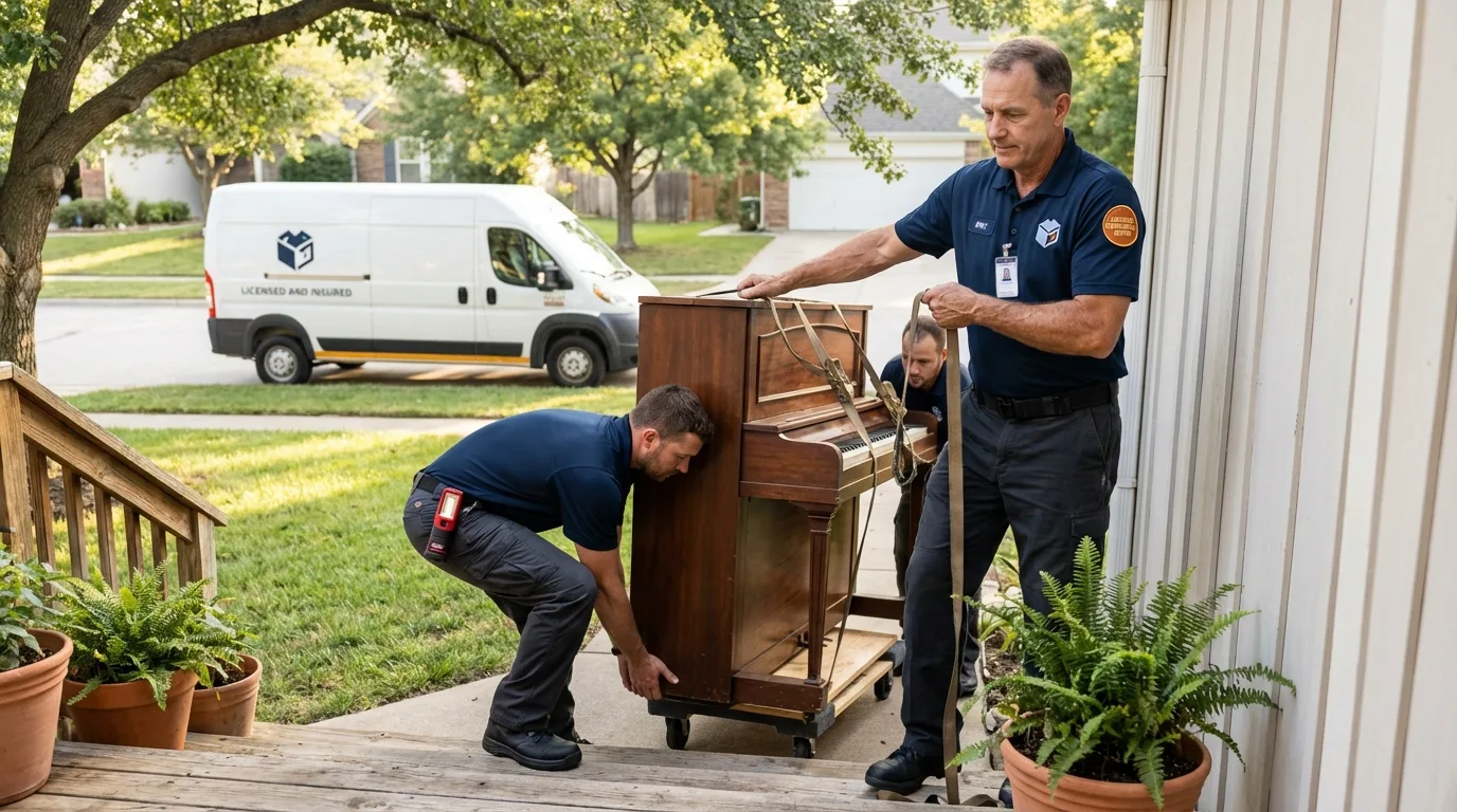 Licensed piano movers securing grand piano in Buffalo, SC