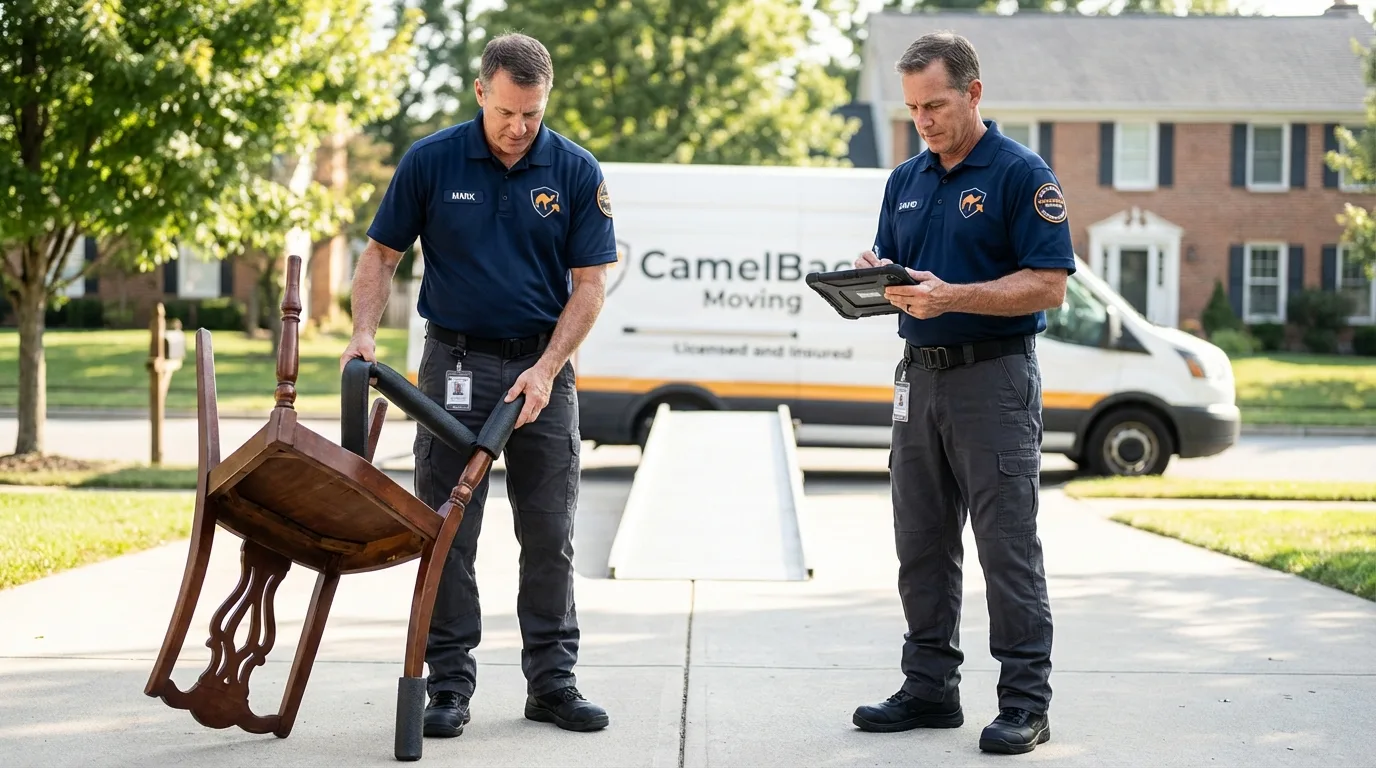 Movers inspecting furniture for damage prevention before loading in Buffalo, SC