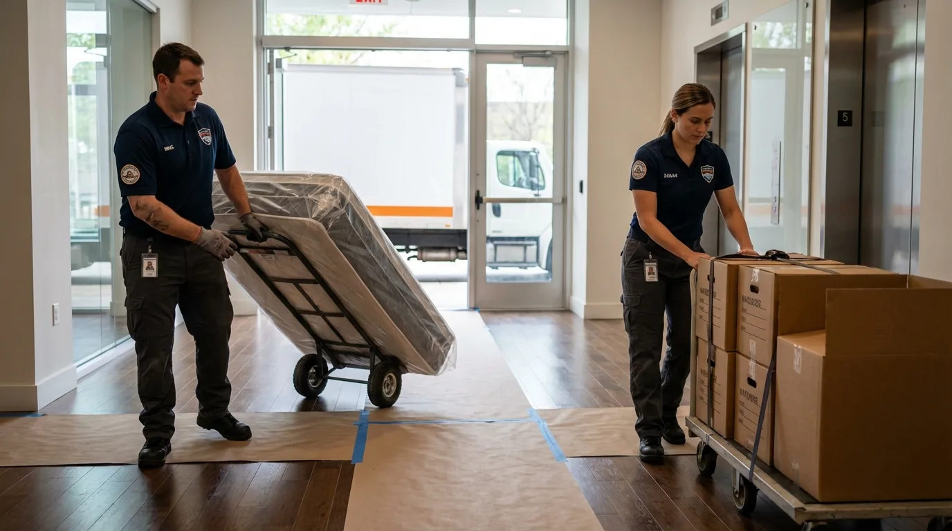 Professional apartment movers loading elevator in Buffalo, SC